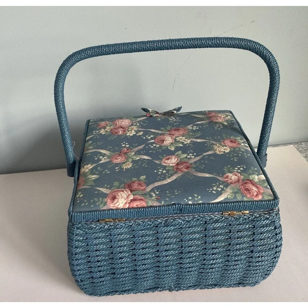 Floral Wicker Sewing Basket w Handle, Compartment Blue 10” X 10” X 7”